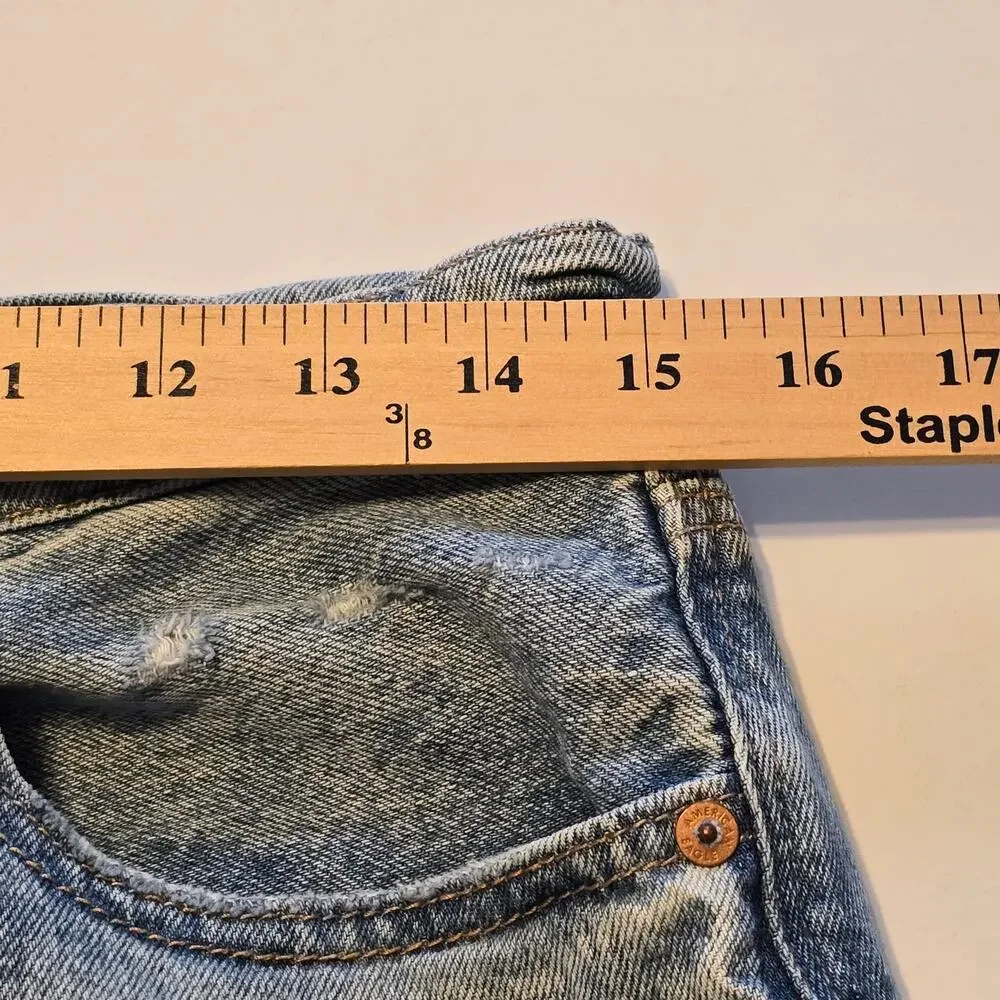 American Eagle High Rise Baggy Straight Jeans Womens 8 Reg Blue Thrashed Ripped